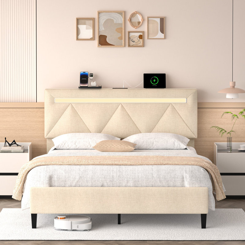 Structure de lit double avec tête de lit, structure de lit plateforme tapissier pleine grandeur avec station de charge et lumières DEL, sommier avec support de lattes en bois, aucun sommier requis, silencieux, assemblage facile