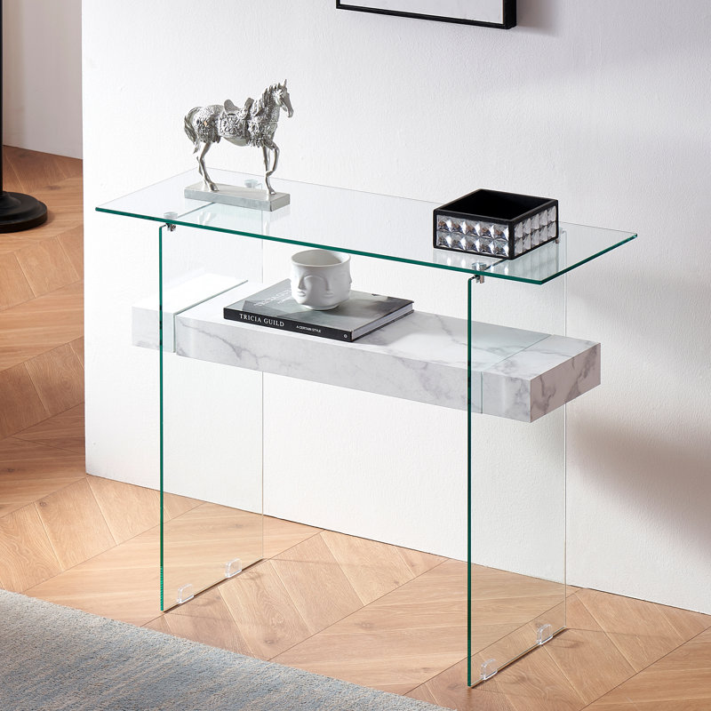 Tempered Glass Console Table with Shelf, White Marble, 31.5"H x 39.4"W x 13.8"D