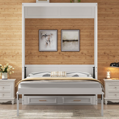 Lit escamotable double Roomfitter avec tiroirs de rangement, lit mural peu encombrant pour chambre d'amis, beige moderne
