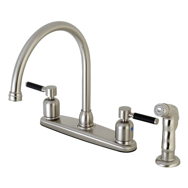 Kingston Brass Kaiser Two-Handle 4-Hole 8" Centerset Kitchen Faucet with Side Sprayer, Brushed Nickel