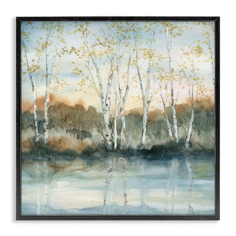 Bouleau, reflets, lac pittoresque, clairière, paysage, H 12 po x l 12 po, Giclée encadrée noir minuit