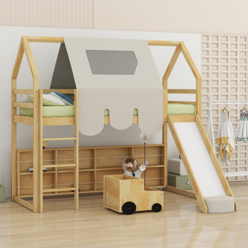 Structure de lit en mezzanine avec tente, Naturel / Beige, Lit simple