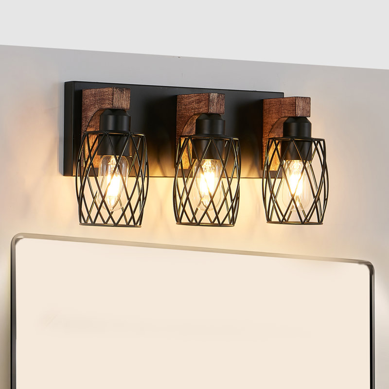 Applique murale de style industriel en cage noire à 3 lumières de style industriel avec décorations en bois pour salle de bain 18 po (ampoule non incluse)