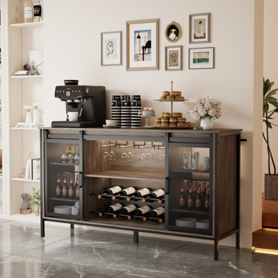 55"W Sideboard And Buffet With Metal Sliding Barn Doors; Wine Cabinet With Wine Racks; Coffee Bar Cabinet With Adjustable LED Lights; Buffet Cabinet With Adjustable Shelves