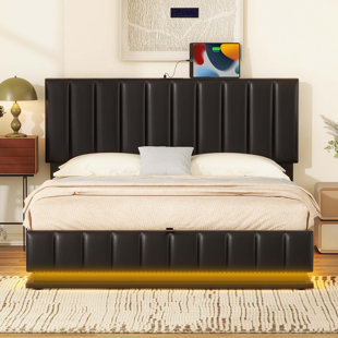 Upholstered Bed With Hydraulic Storage System And LED Light, Modern Platform Bed With Sockets And USB Ports