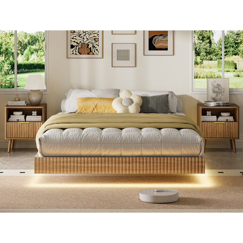 3-piece Bedroom Set, Queen Size Fluted Floating Bed & 2 Nightstands, No Headboard, No Box Spring Needed, Walnut, Queen