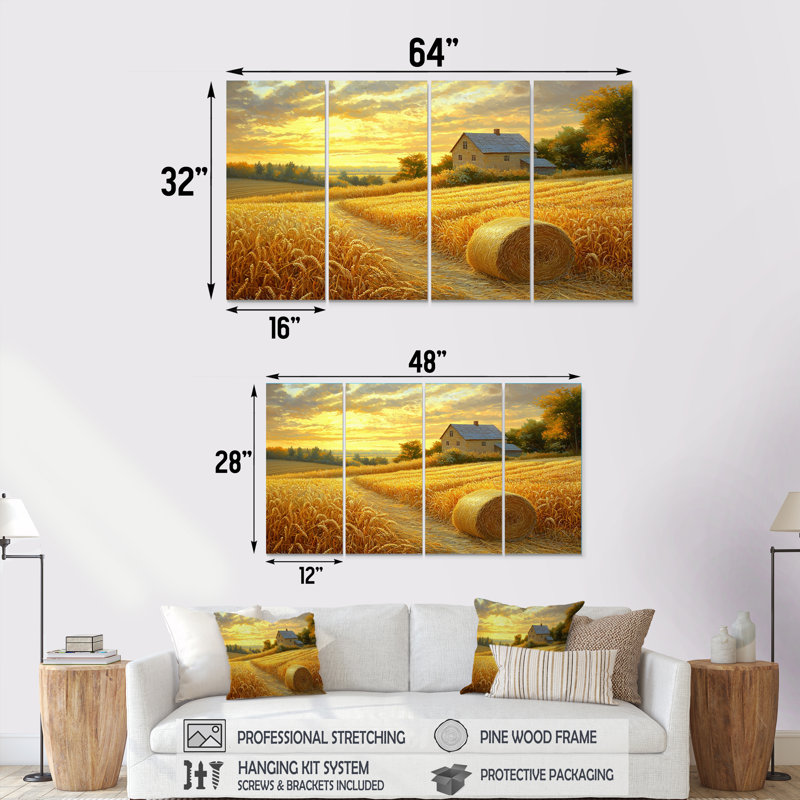 «Countryside Golden Harvest Fields II», art mural campagne - art mural sur toile, H 32 po x l 64 po