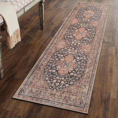 Tapis noir de style persan tissé à plat à la machine avec envers antidérapant Marin