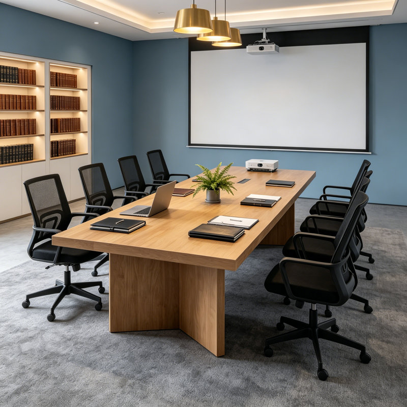 Table de conférence en bois massif avec 8 chaises ergonomiques en filet - Ensemble de salle de réunion moderne, Noir