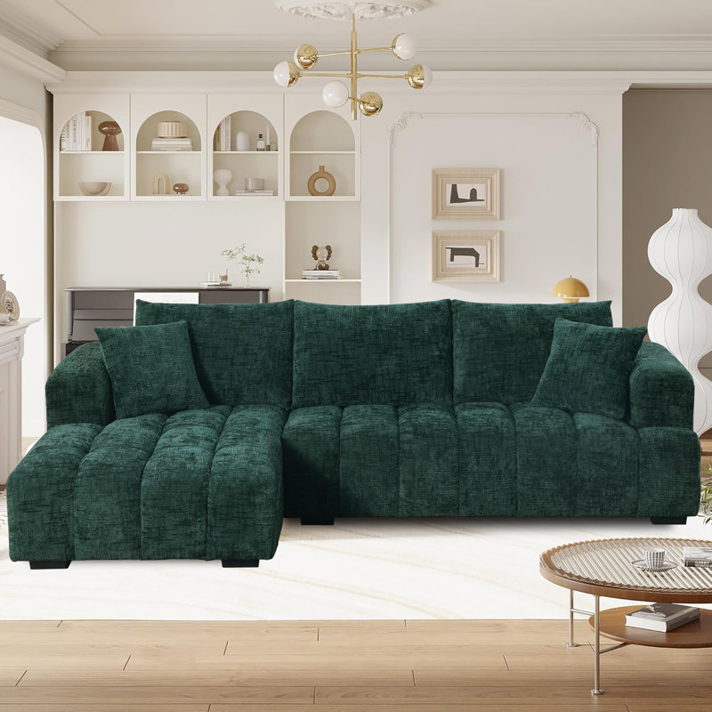 Modern Tufted Sectional Right-chaise Sofa , Chenille vert foncé, Orienté à gauche (vu de face)