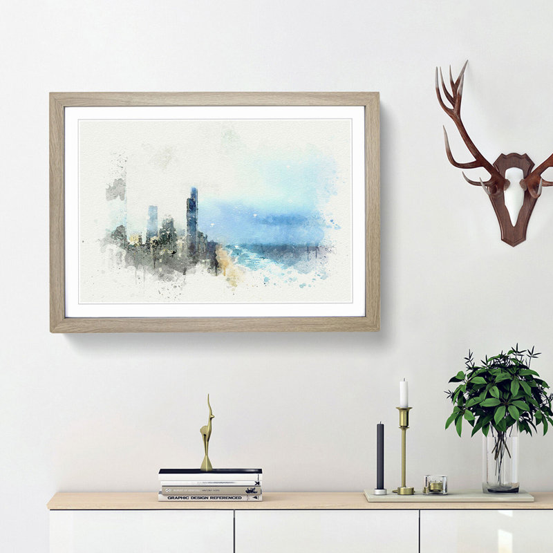 Gold Coast Skyline in the Clouds - Picture Frame Graphic Art Print, 48cm H x 65cm W x 2cm D, Oak Framed