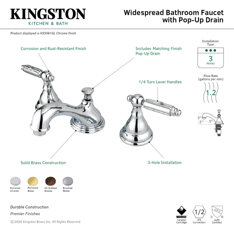 Kingston Brass Georgian Two-Handle 3-Hole Deck Mount Widespread Bathroom Faucet with Brass Pop-Up Drain, Polished Brass