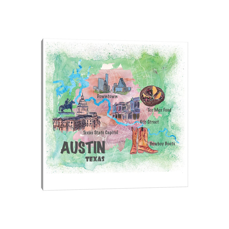 Austin Texas USA Illustrated Map With Main Roads Landmarks And Highlights by Markus & Martina Bleichner - Wrapped Canvas Print