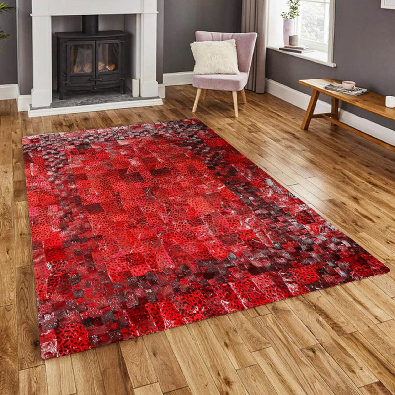 Red Leopard Print Leather Patchwork Rug With Bold Animal Design For Rustic Style & Luxe Statement