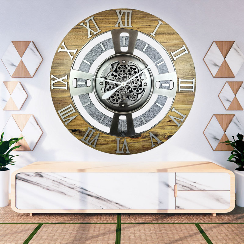 Oversized Wood and Stone Industrial Wall Clock with Real Moving Gears