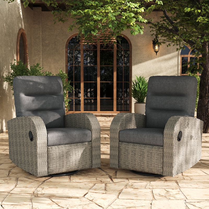 Oversized Wicker Outdoor 360° Swivel Glider Recliner Chair, Patio Adjustable Reclining Lounge Chair With Cushions (set Of 2)