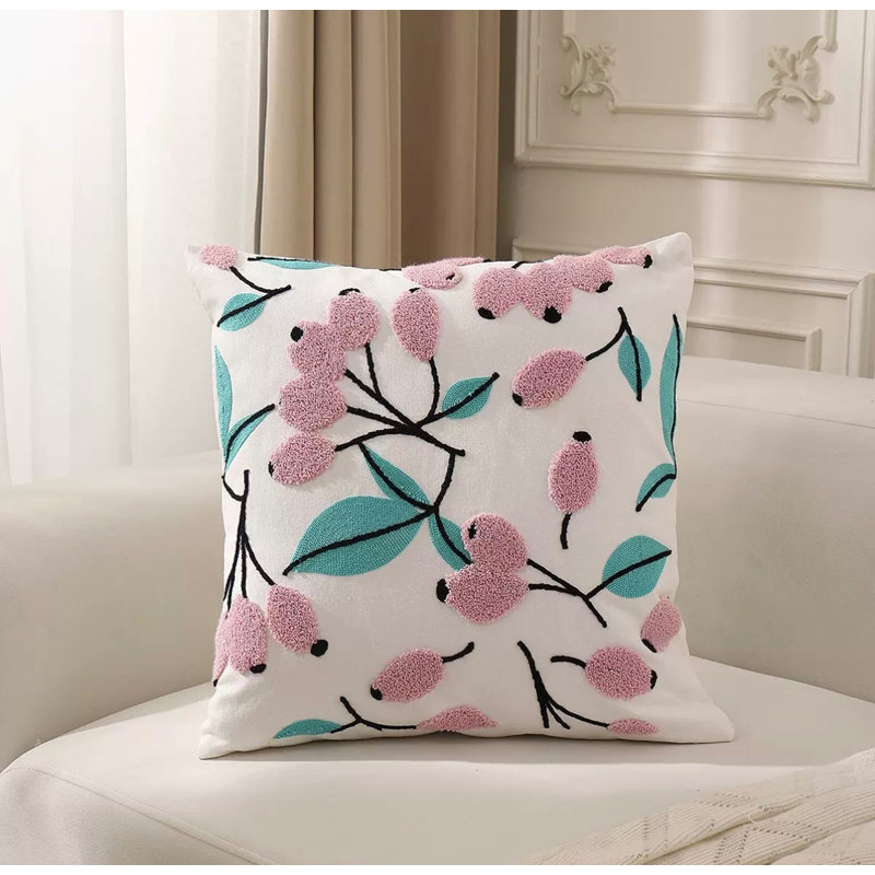 Square Cushion Cover, White/Pink Plants & Flowers