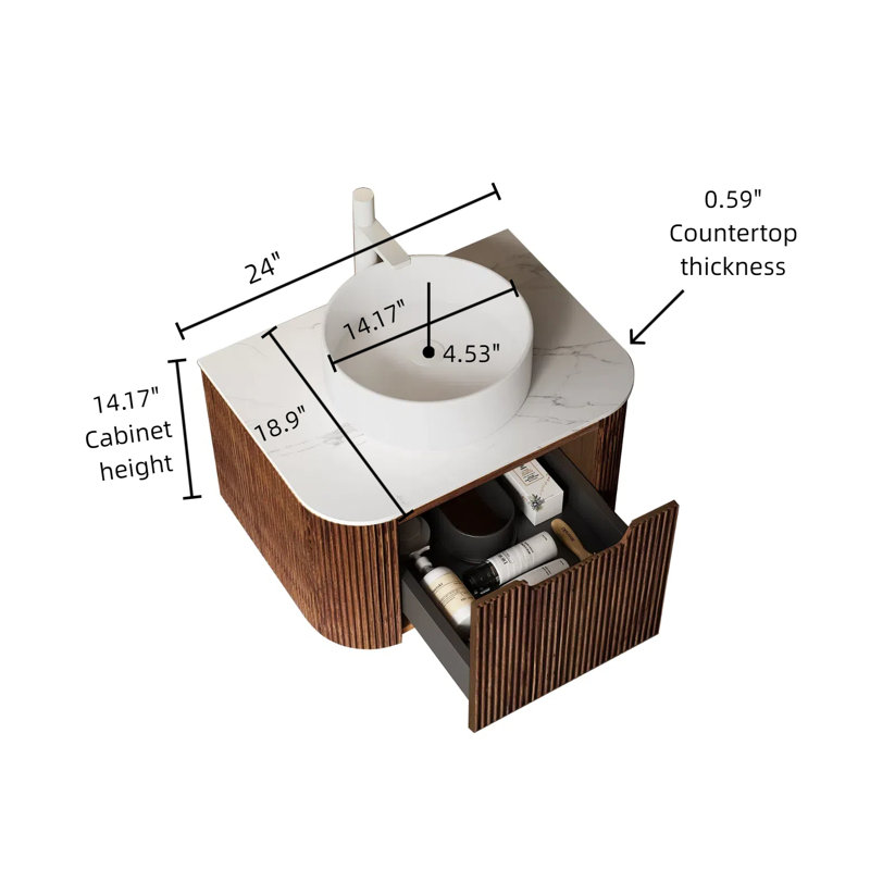Dina 24" Striped Solid Wood Bathroom Vanity With Sink, Modern Wall-mounted Floating Curved Edges Striped Bathroom Storage Cabinet With A Drawer, White Round Ceramic Basin Without Faucet, Pre-assembled