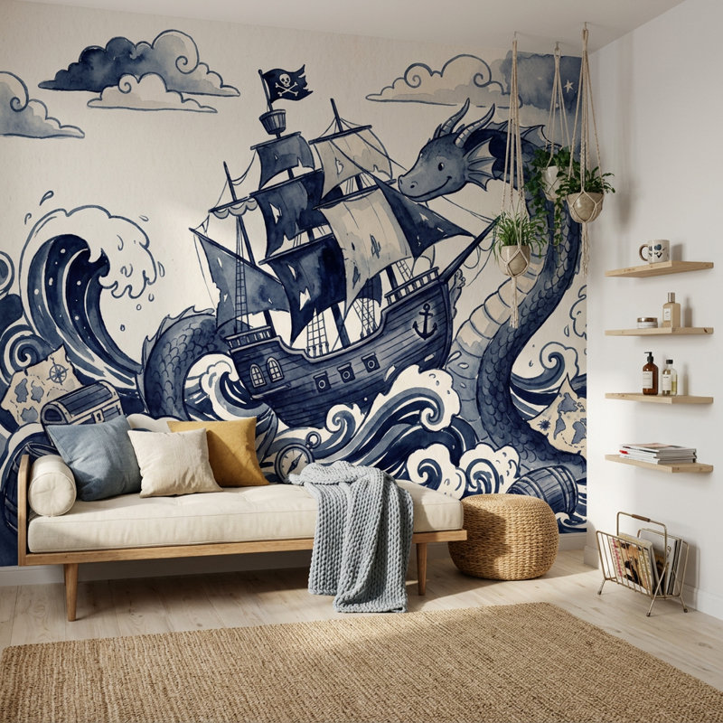 Murale de bateau pirate, 140 po x 108 po, Peler et coller