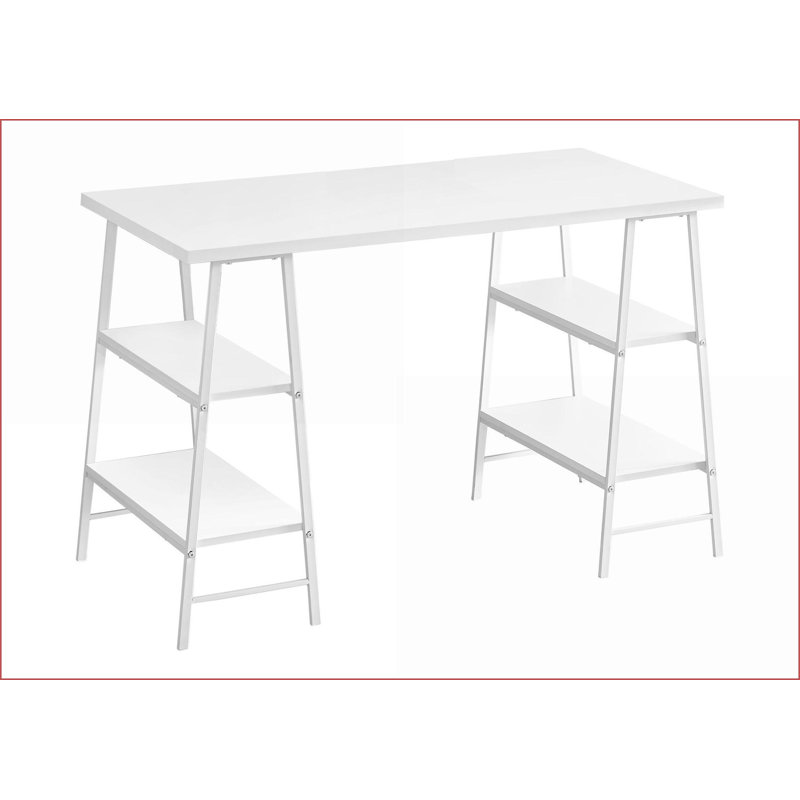 Bureaux: Bureau d'ordinateur industriel moderne de 48 pouces avec tablettes de rangement | Blanc | Métal, Blanc