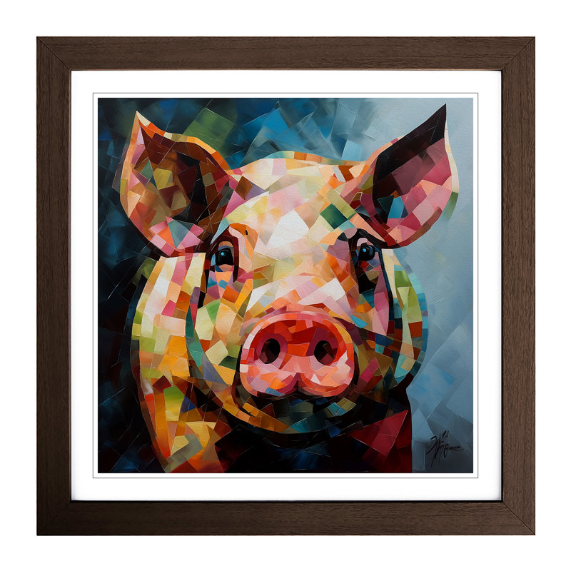 Pig Cubism No.1 - Single Picture Frame Print on Wood, Walnut