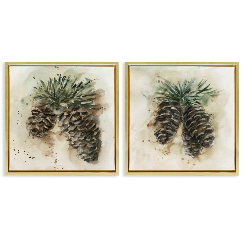 Aquarelle, dessin de pommes de pin, ensemble de 2 toiles flottantes encadrées par Ethan Harper, H 25 po x l 25 po
