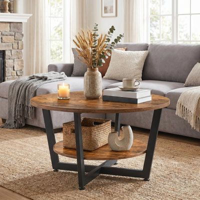 Round Coffee Table with 2-Tier Storage Shelves
