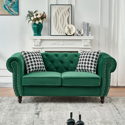 67" Velvet 2 Seater With Roll Armrest & Nailhead, Mid Century Modern Design For Living Room, Office, Apartment, Compact And , Soft Finish, High - Density Foam + Spring Packs, Solid Pine Frame