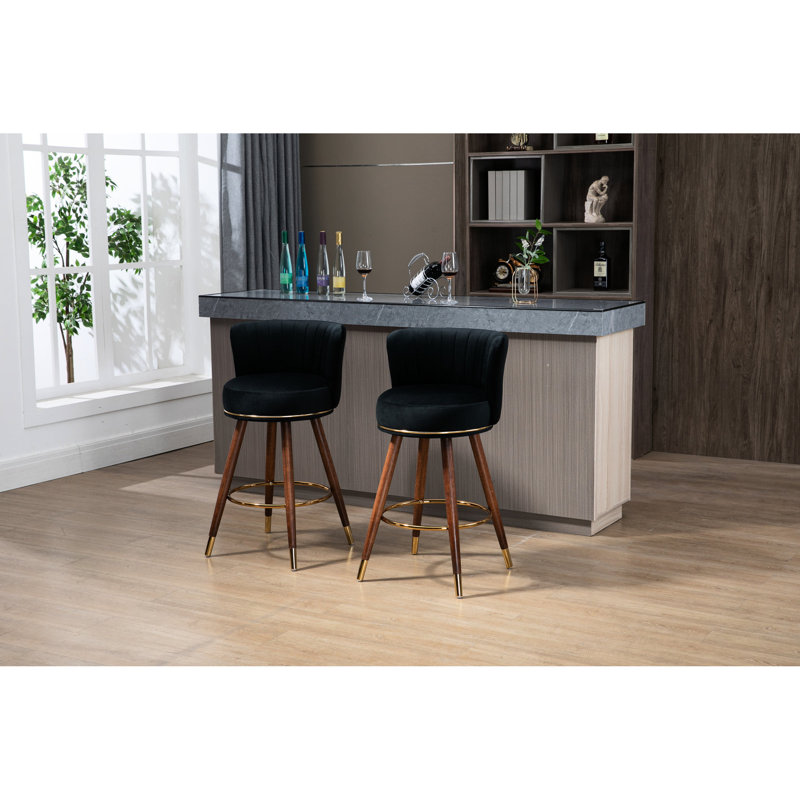 2 tabourets de bar à hauteur de comptoir - pieds en bois massif, siège pivotant fixe à 360 ° et repose-pieds intérieur rembourré noir 2, pieds fixes à 360 degrés, repose-pieds, style rétro confortable