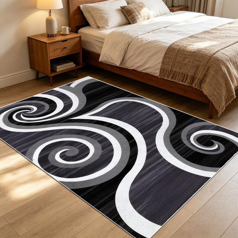 1PC Black Grey White Swirl Abstract Geometric area rugs for Living Room, Soft and Comfortable, Suitable for all seasons, easy-to-maintain, machine washable Indoor floor mat, Under Table Farmhouse suitable for dining room, bedroom, kitchen entryway,