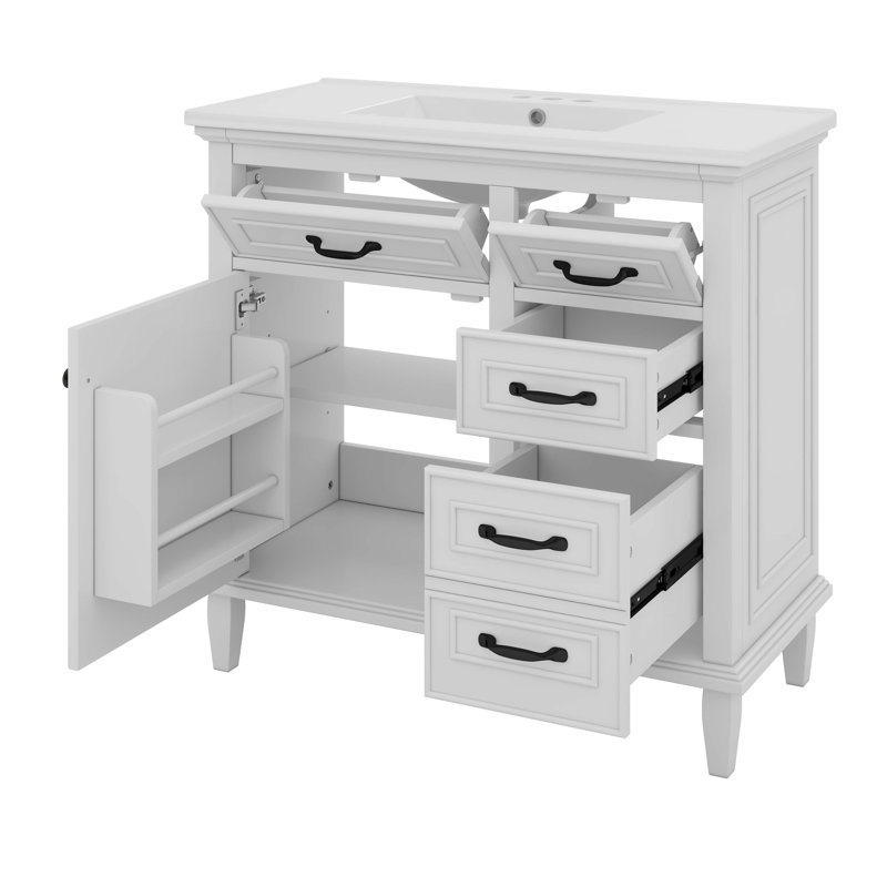 Meuble-lavabo 36 po avec comptoir en céramique, tiroirs rabattables, tablette réglable, Blanc