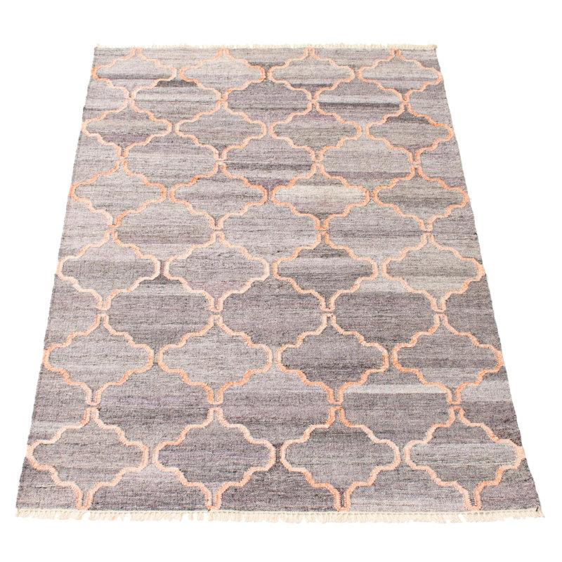 Tapis gris / orange en laine tissé à plat à la main à motif géométrique