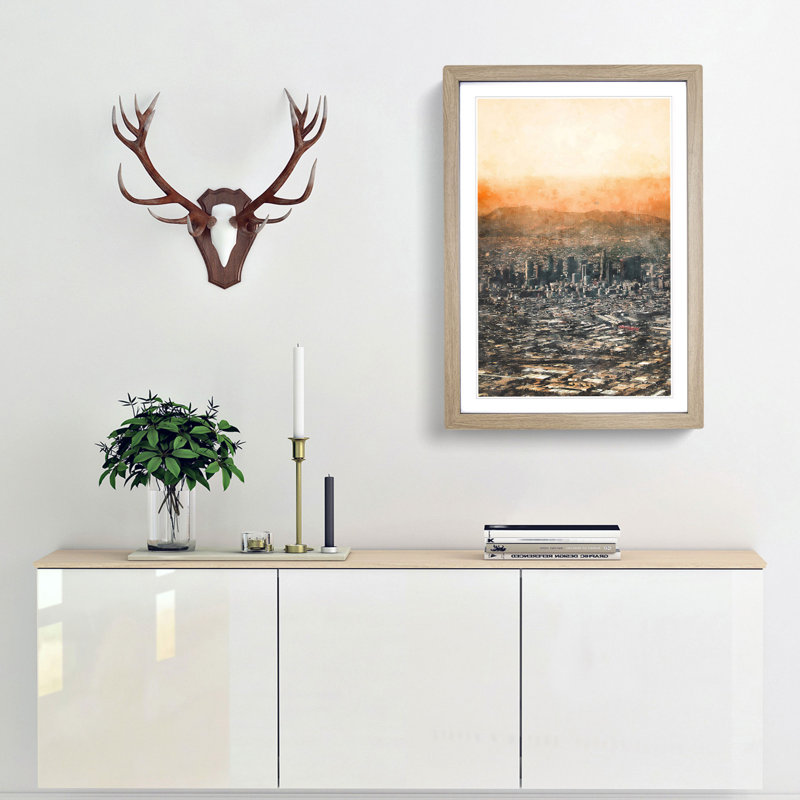 High over the Los Angeles Skyline - Picture Frame Painting Print, Oak Framed, 63cm H x 45cm W x 2cm D
