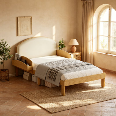 Structure de lit simple avec tête de lit tapissier en bois, tête de lit courbée et rembourrée avec pieds arqués et tablettes de rangement latérales, lit plateforme moderne pour la chambre à coucher, aucun sommier nécessaire, noyer clair