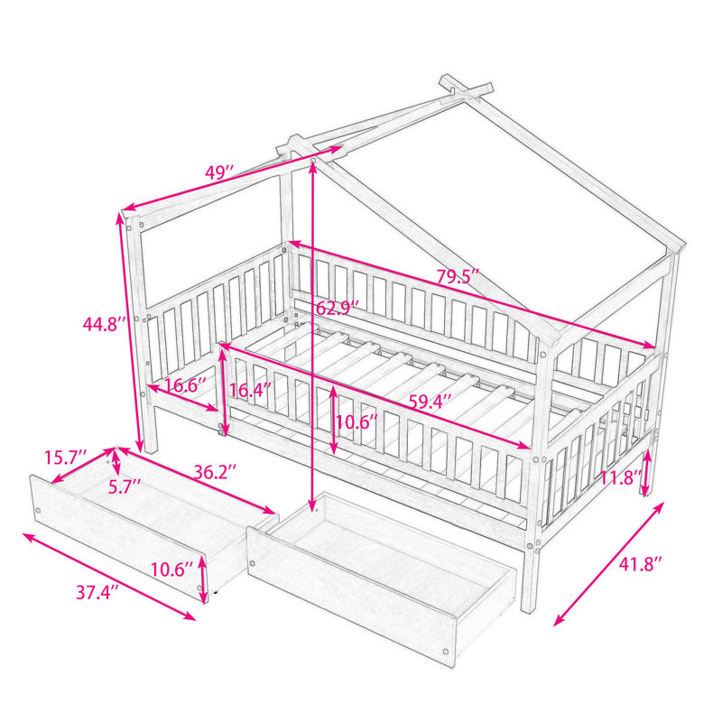 Heulwen Two Drawers Wooden House Bed, Walnut, Twin