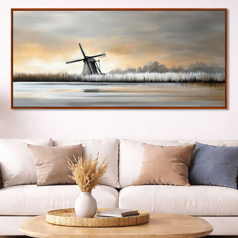 Blanc, jaune, hiver, coucher de soleil, moulin à vent - impressions sur toile, art mural nordique encadré, H 28 po x l 60 po