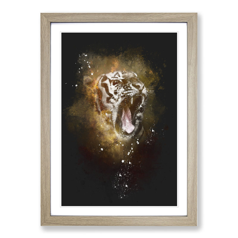 Tiger Roar Paint Splash - Picture Frame Graphic Art, 48cm H x 36cm W x 2cm D, Oak