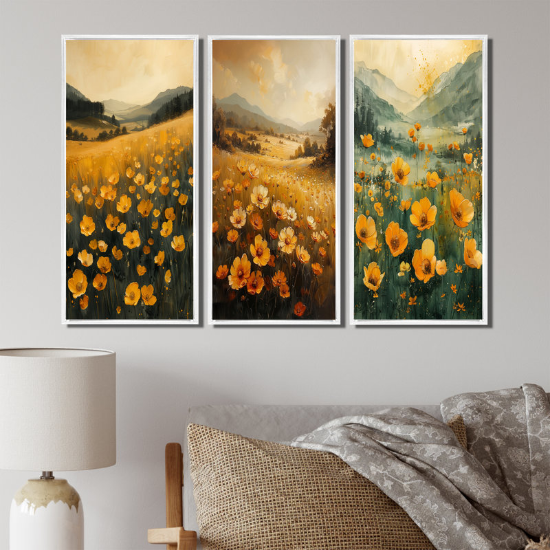 Jaune, vert, bouton d'or, ensoleillé, pré I - collection d'art mural 3 boutons d'or, H 28 po x l 36 po, Blanc