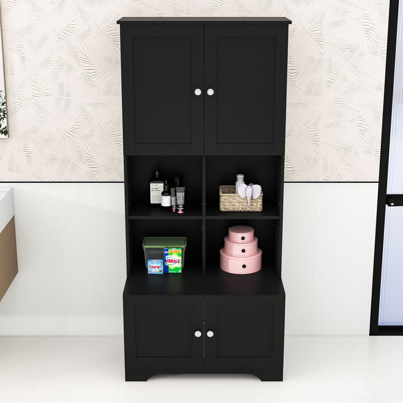 Wood Freestanding Bathroom Storage Cabinet with Adjustable Shelves and Multi-Layer Open Shelves, Black