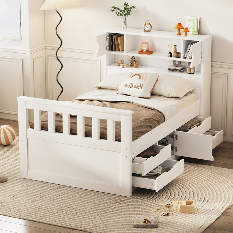 Lit plateforme simple avec options de rangement amovibles - blanc, grande taille et 4 tablettes blanches