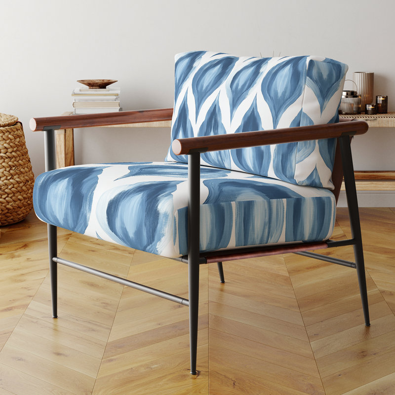 Chaise rembourrée moderne avec accoudoirs bleus et blancs Ikat, Bras ronds bruns