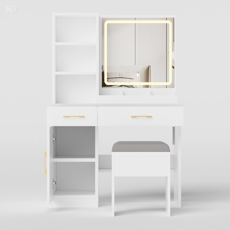 Meuble-lavabo de 32 po de largeur avec miroir éclairé, prise de courant et grand espace de rangement pour les routines de beauté organisées