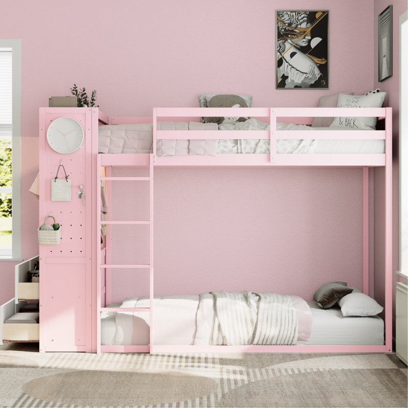 Lit superposé simple rose avec rail suspendu, bande, tablettes et double pour une organisation personnalisée avec 4 tiroirs de rangement, éclairage intelligent sur rail, décor contemporain trois couleurs