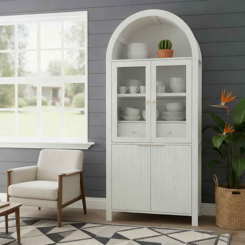 71" Fluted Tall Arched Pantry Cabinet With Adjustable Shelves, Elegant Display Storage With Hidden Drawer & Glass Door For Kitchen, Living Room, Dining Room, White