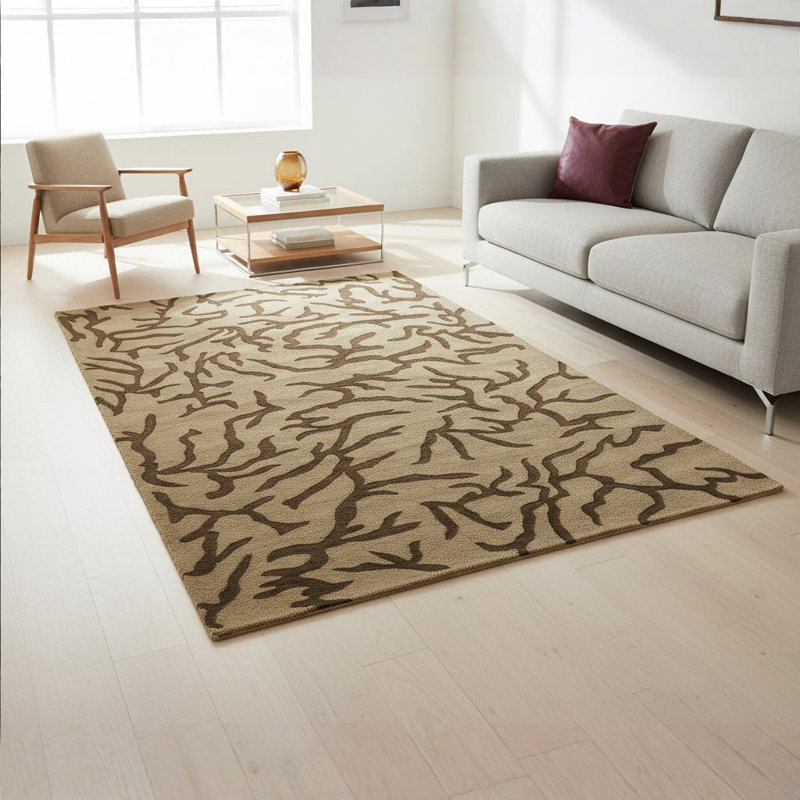 Terry Authentic Hand-Tufted Handmade Camel & Dark Chocolate Brown Modern Organic Abstract Branching Forms Wool Area Rug