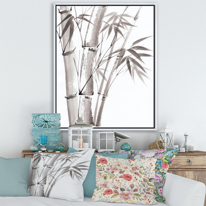 Palmier en bambou - III sur toile, Cadre flottant blanc, H 32 po x l 24 po x P 1 po