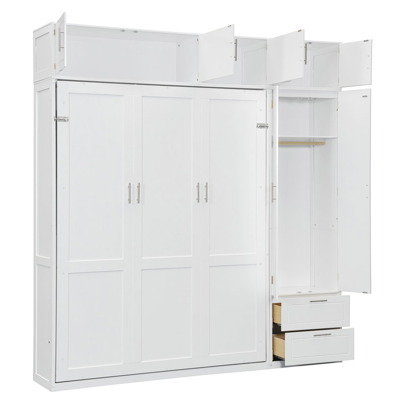Grand lit escamotable mural avec armoires, tablettes, garde-robe et tiroirs, grand lit pliant, blanc, Blanc