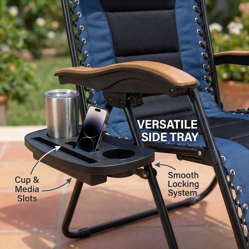 Très grand fauteuil épaissi à gravité zéro, méridienne pliable, chaise longue anti-gravité à siège large de 30 pouces avec porte-gobelets, bleu