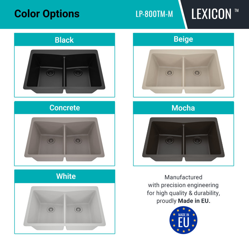 Lexicon Platinum 33-Inch Quartz Composite Drop-in Undermount 50/50 Double Bowl Kitchen Sink with Rear Drain Style includes Accessories 2 Stainless Steel Grids, 1 Basket Drain Strainer, and Flange