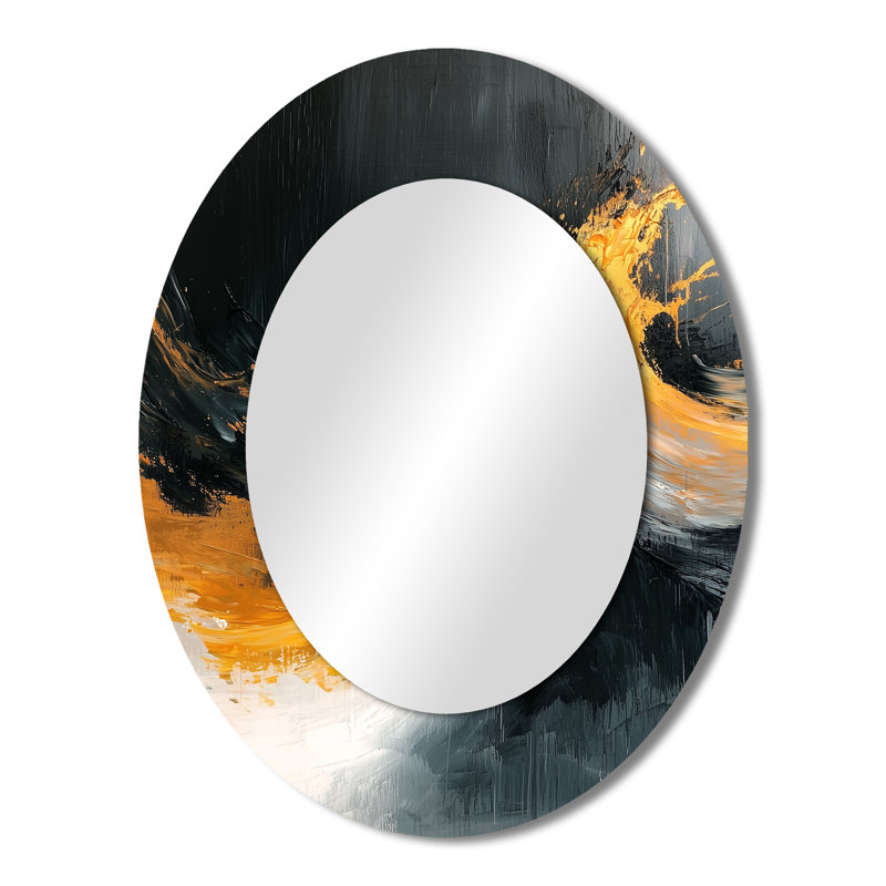 Gold And Black Auroras Edge Shapes I - Abstract Oval Decorative Mirror On Metal, 43" x 33"